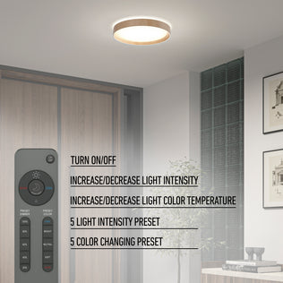 The Artika Callisto 15 in. LED flush mount light with a circular design is lit in a modern room. A remote shows on/off, intensity, color temperature (5 CCT), and preset functions. Text highlights these features.