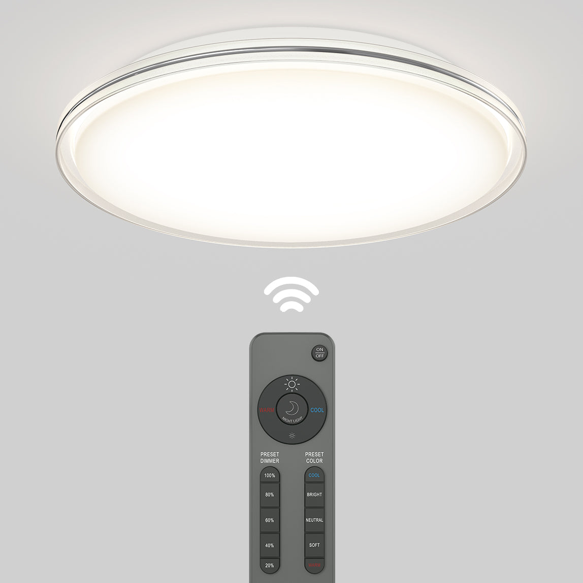 The Artika Astrid 16.5 in. LED flush mount light features 5 color temperature settings and adjustable brightness, all easily controlled via a remote with wireless signal support for modern, customizable lighting.