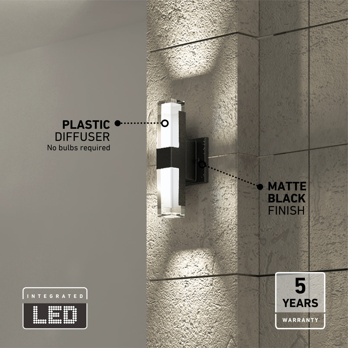 The Artika Gemini indoor-outdoor LED wall light is shown illuminated on a textured wall, featuring a matte black finish and plastic diffuser. Labels highlight No bulbs required and 5 years warranty.