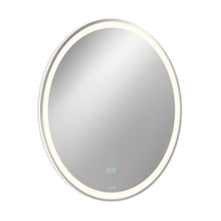The Artika Ayla 28 in. LED mirror features a built-in LED ring, two blue touch buttons at the bottom center, adjustable 3 CCT lighting, and a defogger.