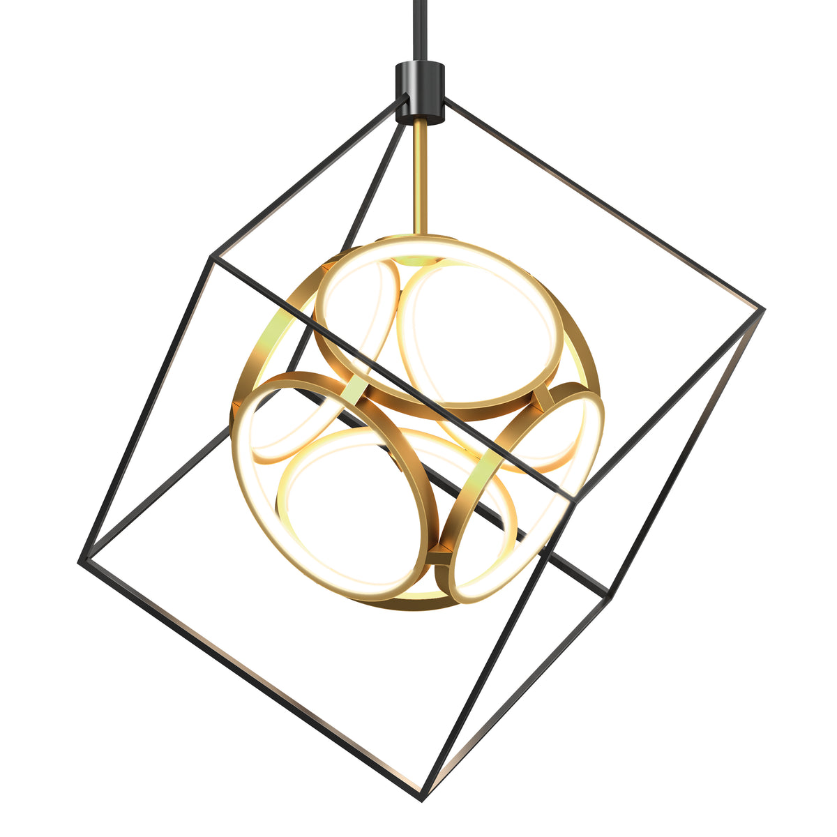 A modern pendant light featuring a gold spherical design with circular LED lights, suspended within a black wireframe cube. The fixture hangs from a black cord.