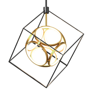 The Artika Luxury LED pendant light features a gold sphere with circular LEDs, elegantly suspended inside a black open wireframe cube for a geometric, contemporary look.