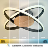 Modern ceiling light fixture with wood and black metal, shown under five different white light color temperatures: 2700K (warm), 3000K, 3500K, 4000K, and 5000K (cool), labeled in English, French, and Spanish.