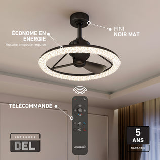 The Artika Carat 23" LED Modern Ceiling Fan in black features a gemstone-cut diffuser and comes with a remote control.
