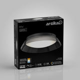 Box packaging of the Artika Arthur LED flush mount light, featuring an image of the light fixture, product details, and specifications like 50,000 hours lifespan, 1200 lumens, and a 5-year warranty.