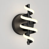 A modern wall sconce with a black circular base and a central rod wrapped by a glowing, spiral LED light, set against a plain light gray background.