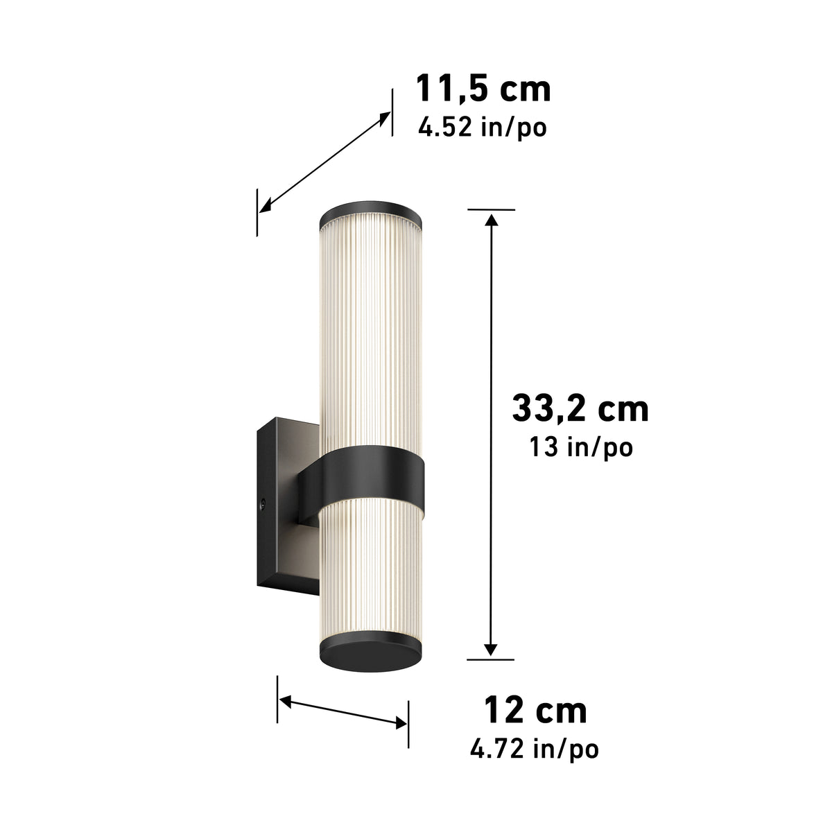 A cylindrical wall light with black accents, shown with dimensions: 33.2 cm (13 in) tall, 11.5 cm (4.52 in) wide, and 12 cm (4.72 in) deep. Measurements are labeled in both centimeters and inches.