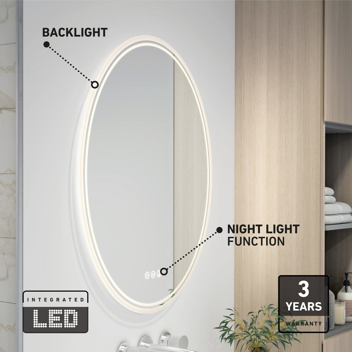 Oval LED bathroom mirror with a glowing backlight, labeled features for backlight and night light function, placed above a sink. Text highlights integrated LED and a 3-year warranty. Plants and shelves are visible nearby.
