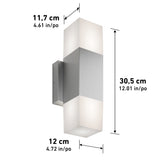 Modern wall sconce with a brushed metal finish, rectangular shape with frosted ends. Dimensions shown: height 30.5 cm (12.01 in), width 12 cm (4.72 in), depth 11.7 cm (4.61 in).