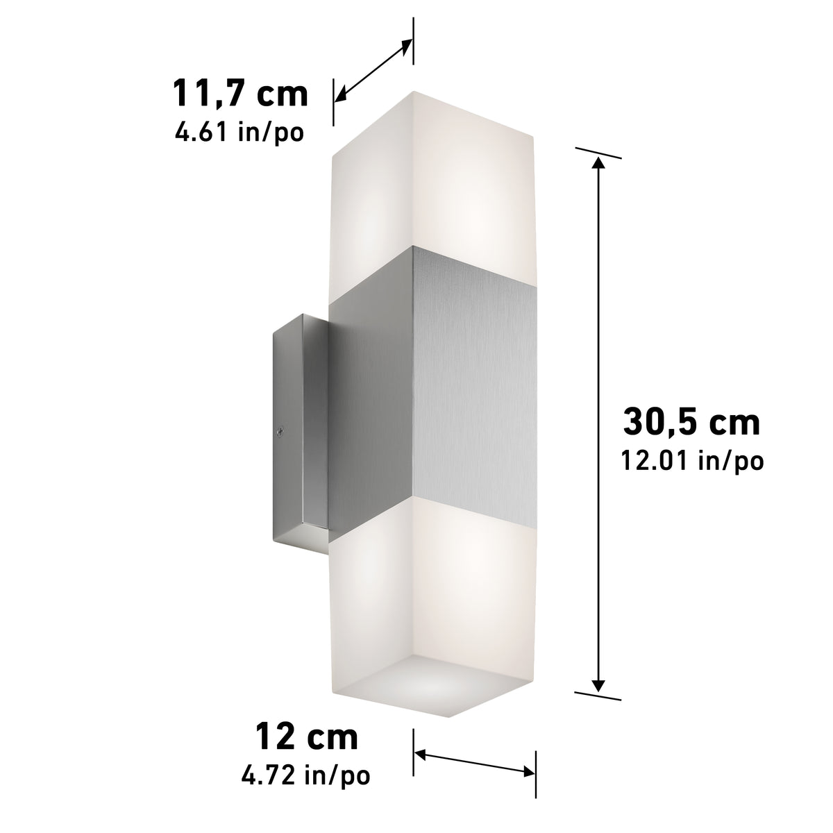 The Artika Lennox indoor-outdoor LED wall light 3 CCT features a metallic center, white diffusers on both ends, and measures 30.5 cm tall, 12 cm wide, and 11.7 cm deep.