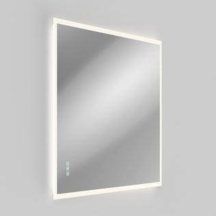 The Artika Mavis 48" x 36" Rectangular LED Mirror features illuminated edges, touch control buttons on the lower left corner, and a defogger, shown mounted on a plain light gray background.