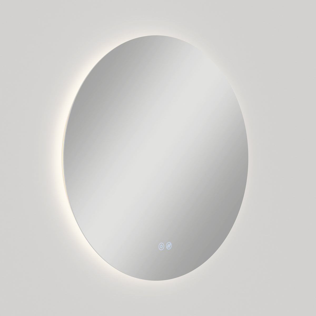 A round wall-mounted mirror with a soft backlight glow and two small touch buttons at the bottom, set against a plain, light-colored background.