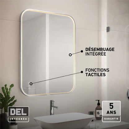 The Artika Royce Dimmable LED Mirror, 3 CCT, mounts horizontally or vertically above a white sink. French text showcases its touch features, integrated defogger, and a 5 ans garantie (5-year warranty) label.