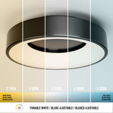 A modern circular ceiling light is shown in five sections, each displaying a different color temperature from warm white (2,700K) on the left to cool white (5,000K) on the right, with labels in English, French, and Spanish.