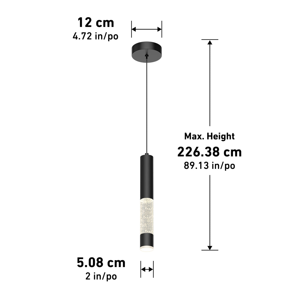 Black pendant light with a cylindrical design, crystal detail on the lower half, and a round ceiling mount. Dimensions shown: mount diameter 12 cm (4.72 in), light diameter 5.08 cm (2 in), max height 226.38 cm (89.13 in).