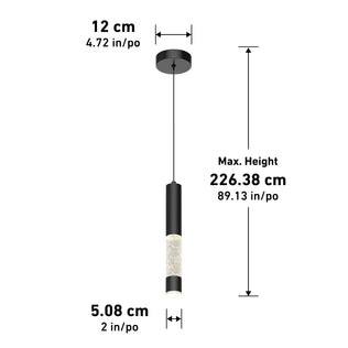 The Artika Mist LED pendant light features a black cylindrical design with a 12 cm (4.72 in) ceiling mount diameter, 5.08 cm (2 in) light diameter, and a maximum height of 226.38 cm (89.13 in).