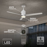 Ceiling fan with a white finish, integrated LED light, energy-efficient design, and remote control features. Text highlights a 5-year warranty, energy savings, no bulbs required, and remote operation.