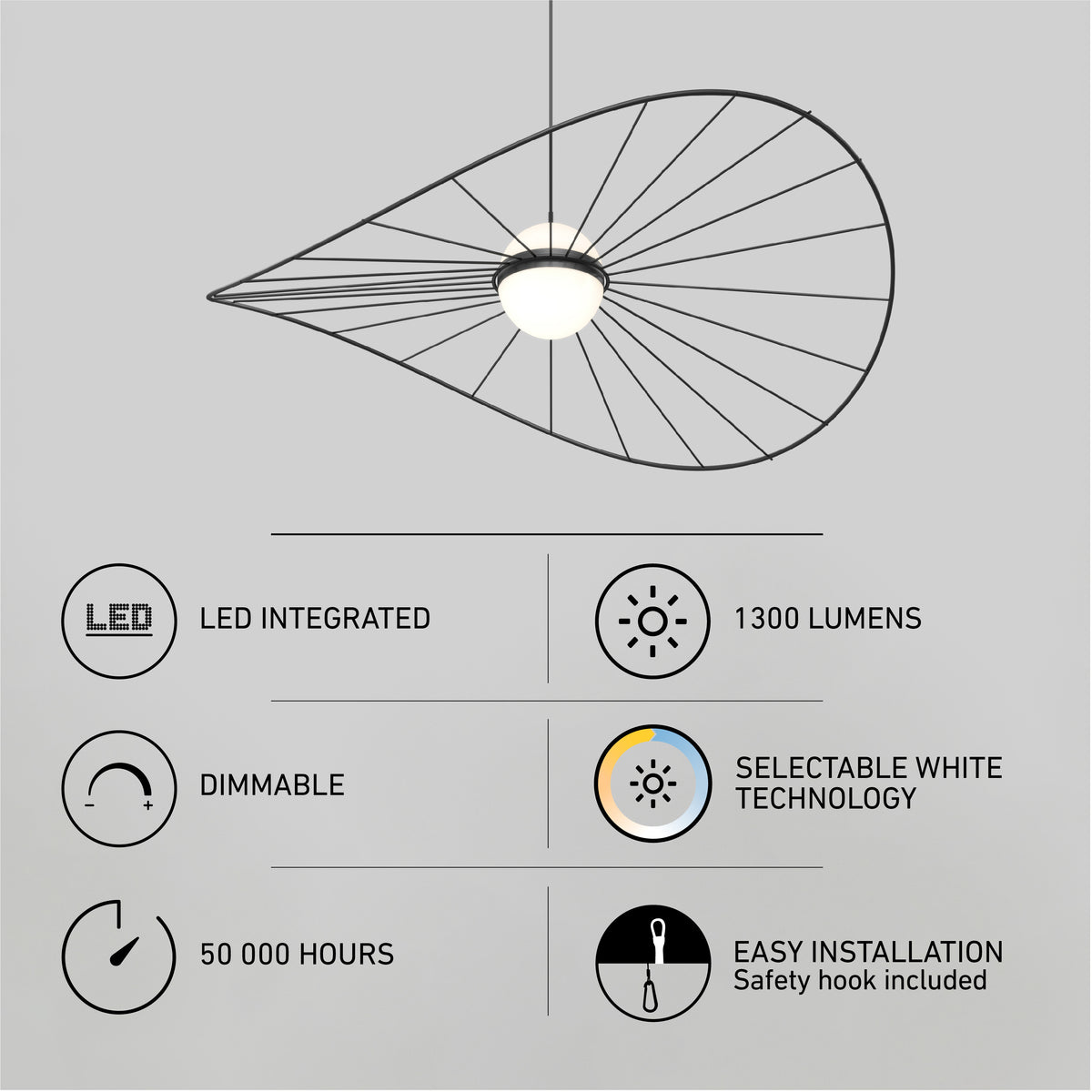 Modern pendant light with a unique, geometric wire frame design. Feature icons highlight LED integration, 1300 lumens, dimmable function, 50,000-hour lifespan, selectable white technology, and easy installation.