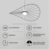 Modern pendant light with a unique, geometric wire frame design. Feature icons highlight LED integration, 1300 lumens, dimmable function, 50,000-hour lifespan, selectable white technology, and easy installation.