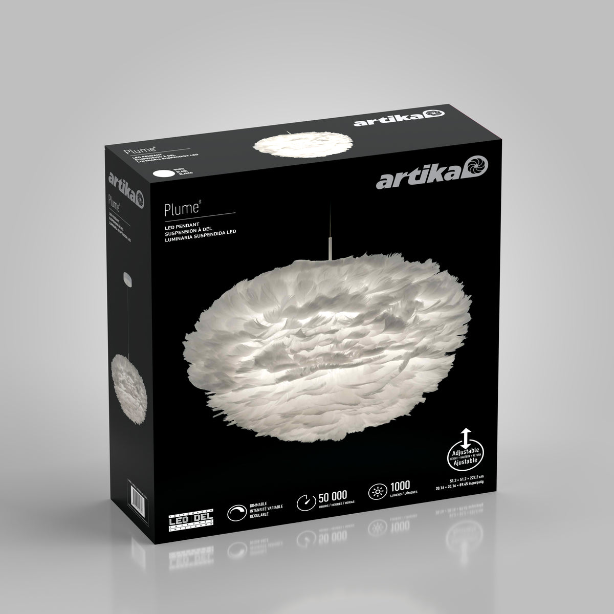A black Artika box displays the Plume LED pendant light with a white, feather-like design. The front highlights features such as adjustable height and long lifespan with icons and product details.