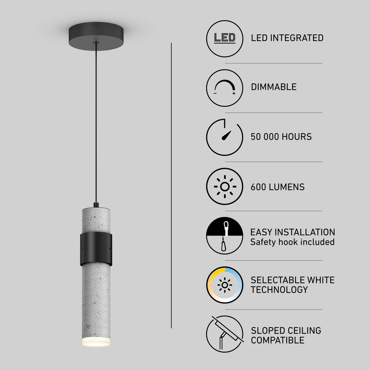 The Artika Barden 1-light LED pendant features a cylindrical concrete shade, integrated dimmable LED (600 lumens/50,000 hrs), selectable white (5 CCT), easy installation, and is compatible with sloped ceilings.