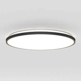 The Artika Europa 21 in. LED modern flush mount light features a black rim and bright diffused white light, mounted on a plain white ceiling, and comes with a remote for easy control.