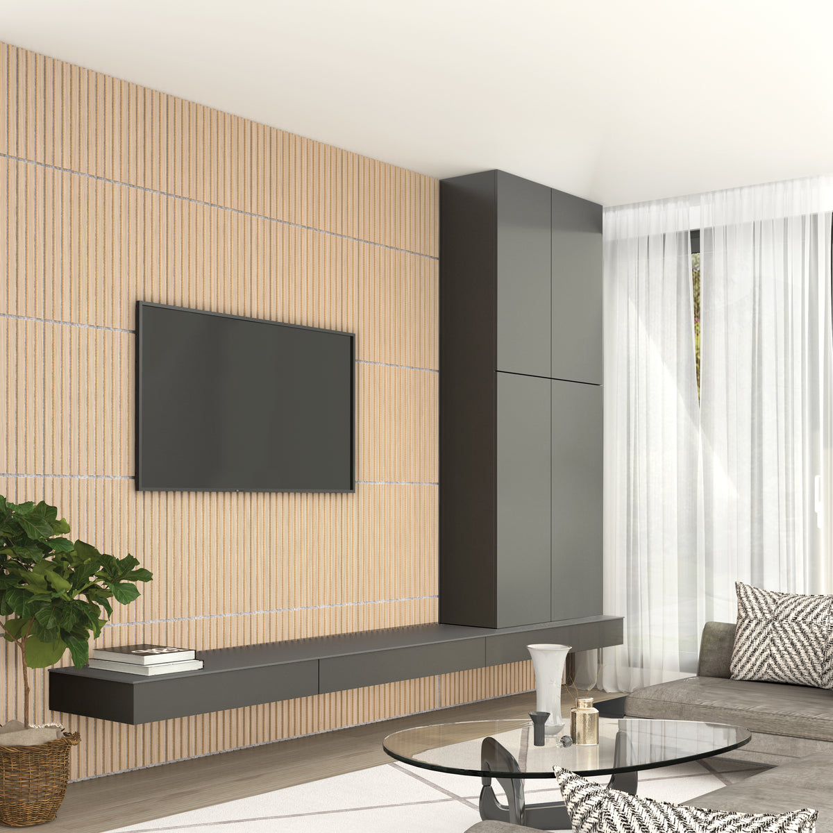 A modern living room with a wall-mounted TV on a light wood slat wall, sleek black cabinets, a glass coffee table, a gray sofa, a potted plant, and sheer white curtains over large windows.