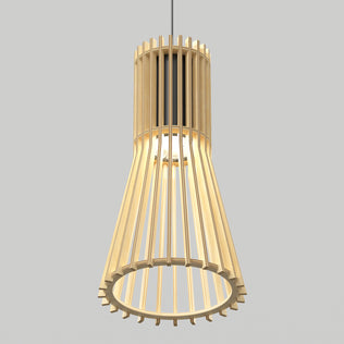 The Artika Kiyo modern LED pendant 3 CCT features a cylindrical wooden slat design that flares outward at the bottom and is suspended from a black cord against a plain light gray background.