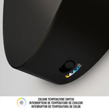Close-up of a black device with a small switch labeled with four color temperatures, indicated by blue, white, yellow, and orange icons. Text below reads “COLOUR TEMPERATURE SWITCH” in English and French.
