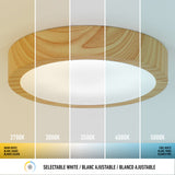 Ceiling light fixture with a wooden rim, showing five segments of different white light temperatures from warm (2700K) to cool (5000K), labeled below with a selectable white color temperature icon.
