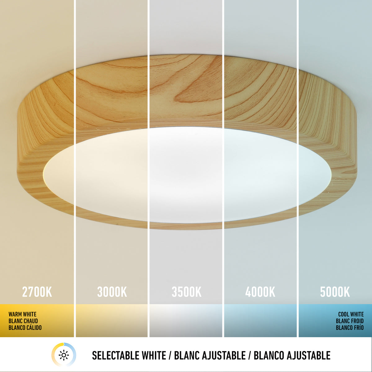 Artika Dryad 10 in. LED Flush Mount Ceiling Light, 5 CCT, wood trim, dimmable from warm (2700K) to cool white (5000K).