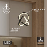 A modern pendant light with an intertwined loop design hangs in a kitchen. Features labeled: adjustable height, matte black finish, plastic diffuser, integrated LED, and a 3-year warranty.