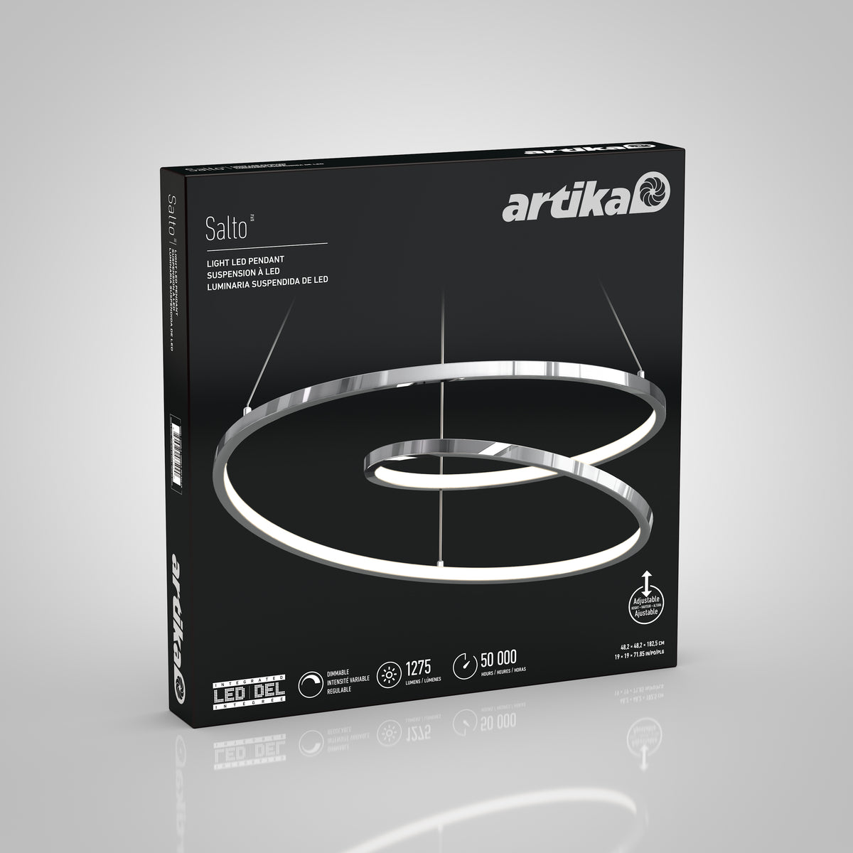 A product box for the Artika Salto LED pendant light, featuring an image of a modern, spiral-shaped LED light fixture on a black background with product details and specifications visible on the packaging.