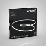 A product box for the Artika Salto LED pendant light, featuring an image of a modern, spiral-shaped LED light fixture on a black background with product details and specifications visible on the packaging.