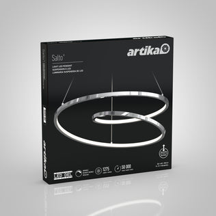 A black box displays the Artika Salto LED pendant light, featuring two chrome spiraling rings. Icons highlight its modern style, 1275 lumens brightness, and a 50,000-hour lifespan.
