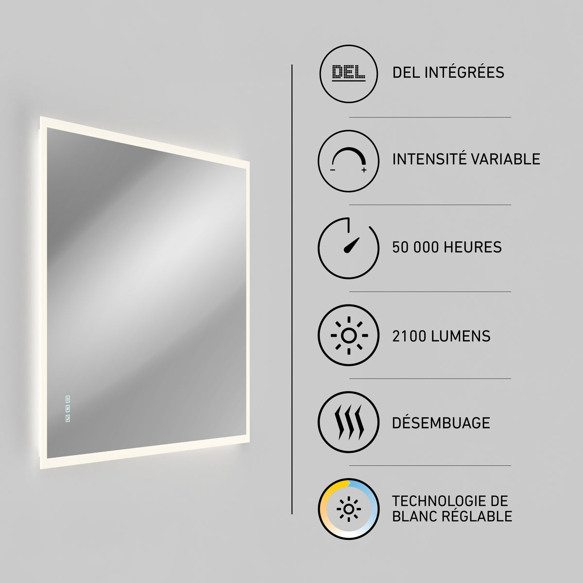 The Artika Mavis 48" x 36" Rectangular LED Mirror features integrated LEDs (2100 lumens), dimmable intensity, adjustable white color (3CCT), defogger, and a 50,000-hour lifespan. Icons and French text highlight these features.