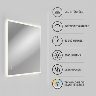 The Artika Mavis 48" x 36" Rectangular LED Mirror features integrated LEDs (2100 lumens), dimmable intensity, adjustable white color (3CCT), defogger, and a 50,000-hour lifespan. Icons and French text highlight these features.
