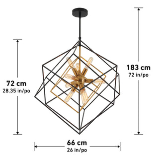 Artika’s Imperium 9-light chandelier features a geometric frame, exposed bulbs, and size details in cm and inches.