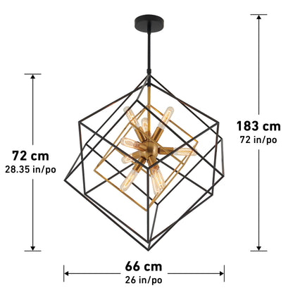 Artika’s Imperium 9-light chandelier features a geometric frame, exposed bulbs, and size details in cm and inches.