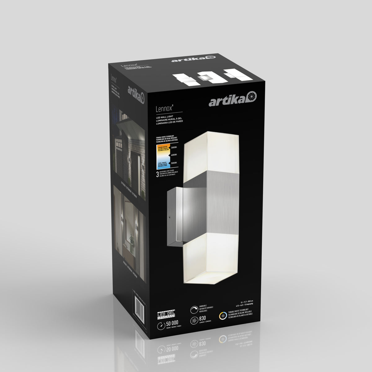 A black Artika box for the Lennox indoor-outdoor LED wall light 3 CCT displays images of the modern rectangular silver sconce with white lighting panels and product details on its packaging.
