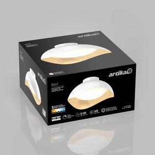 The Adara 15 in. (38 cm) Modern LED Flush Mount Ceiling Light 5 CCT, a round wood-grain LED flush mount light, displayed on its packaging box.