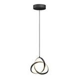 A modern pendant light with three interlocking black rings, each featuring integrated LED strips, hanging from a round black ceiling mount by a single cord.