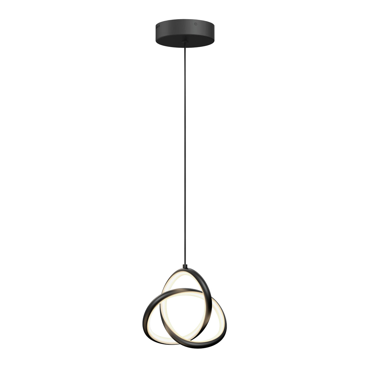 The Artika Zephyr LED pendant features three interlocking black metal rings with integrated LED lighting, suspended from a black ceiling mount by a single cable.