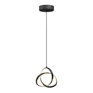 The Artika Zephyr LED pendant features three interlocking black metal rings with integrated LED lighting, suspended from a black ceiling mount by a single cable.