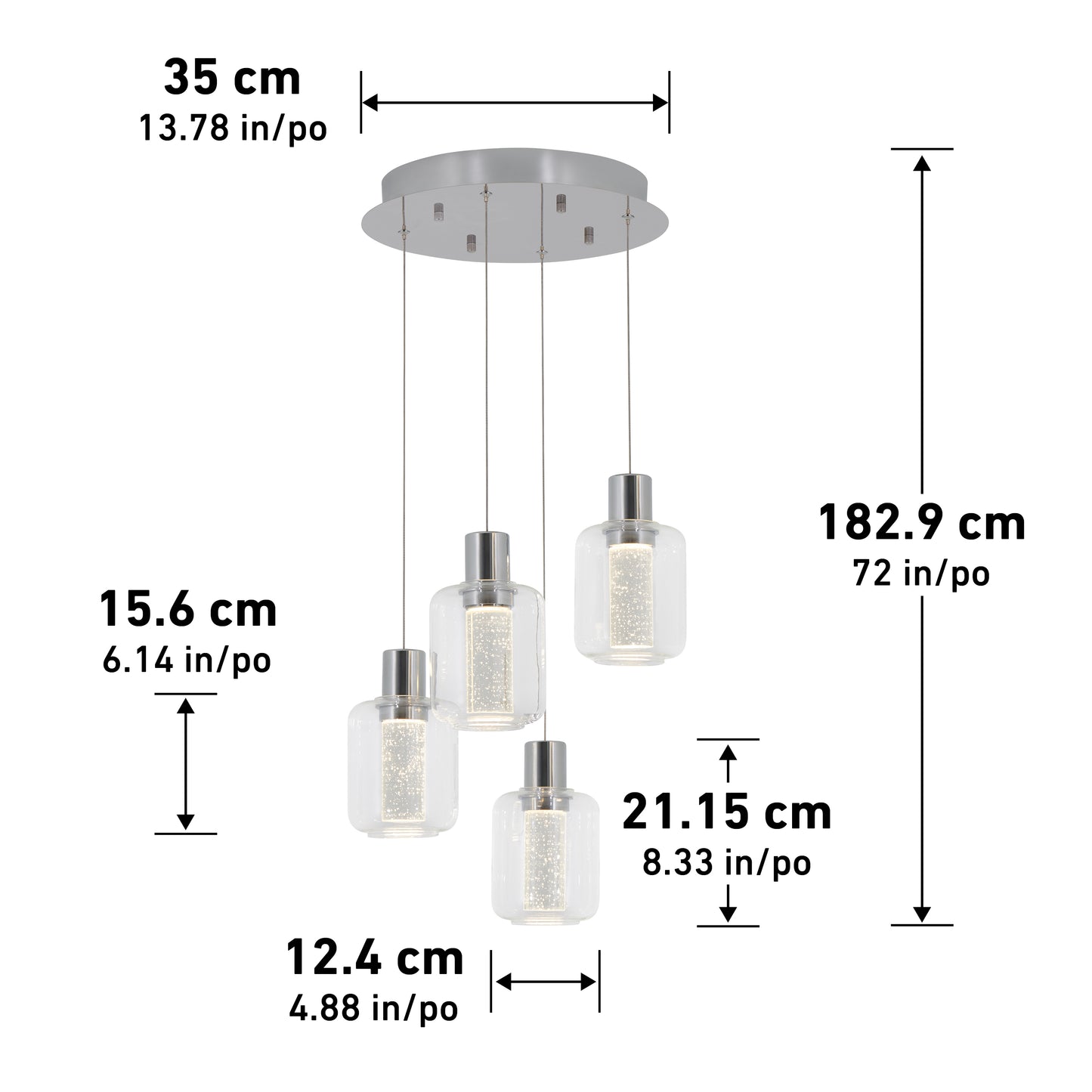 The Artika Champagne Globe 4-light LED pendant features four hanging cylindrical glass lamps. Fixture width is 35 cm, total drop 182.9 cm, glass height 15.6 cm, glass width 12.4 cm, max lamp drop 21.15 cm.