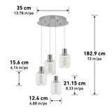 Four pendant lights with clear cylindrical shades hang from a round ceiling mount. Dimensions: mount diameter 35 cm, pendant heights 15.6 cm to 21.15 cm, total drop 182.9 cm, shade diameter 12.4 cm.