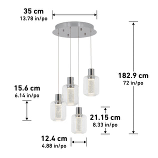 Artika’s Champagne Globe 4-light LED pendant features four cylindrical glass lights hanging at varying lengths from a round mount. Dimensions in both centimeters and inches are shown for each part of the fixture.