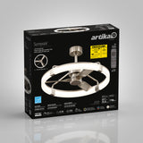 A black box for the Artika Sunnyvale LED ceiling fan features an image of the fan, remote control, energy guide label, and product information such as brightness, wattage, and airflow on a gray background.