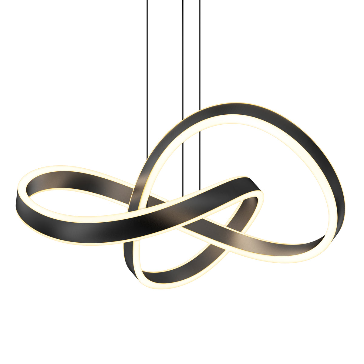 The Bolero LED pendant light 5 CCT by Artika features intertwined black and white LED strips, suspended by three slim black cables. Its integrated dimmer offers adjustable brightness, making it a stylish and versatile lighting solution for any room.