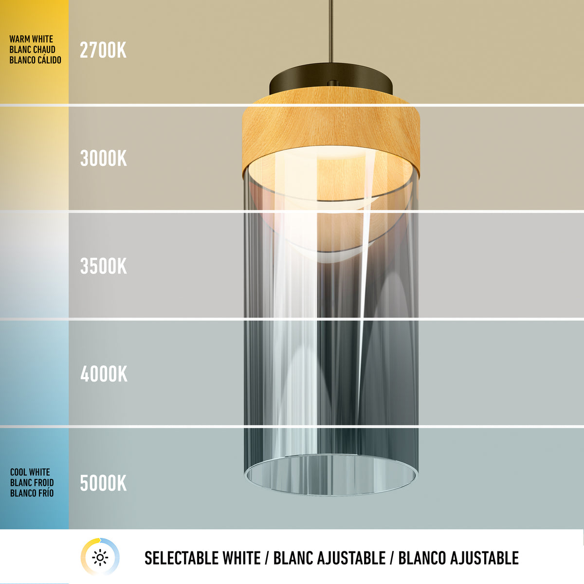 A pendant light with a wooden and glass fixture is shown under five different color temperatures from warm white (2700K) to cool white (5000K), each labeled and visually represented from yellowish to bluish tones.